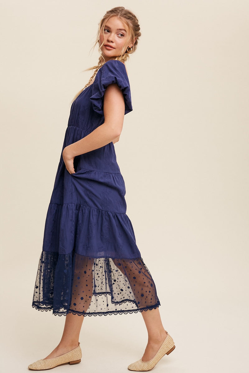 Embroidery Tiered Maxi Dress in Navy