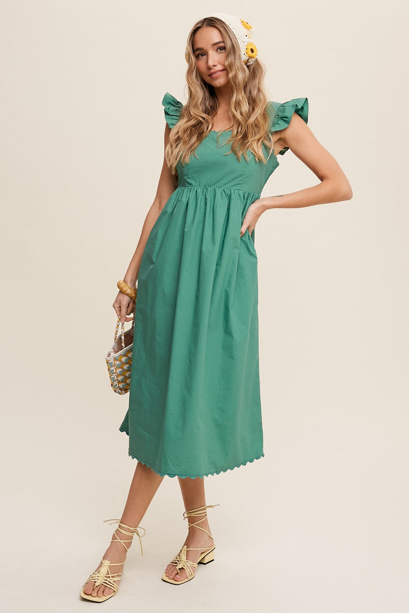 Scalloped Edge Ruffle Sleeve Midi Dress in Green
