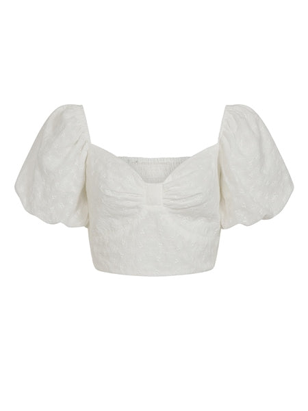 White Eyelet Bubble Sleeve Crop Top