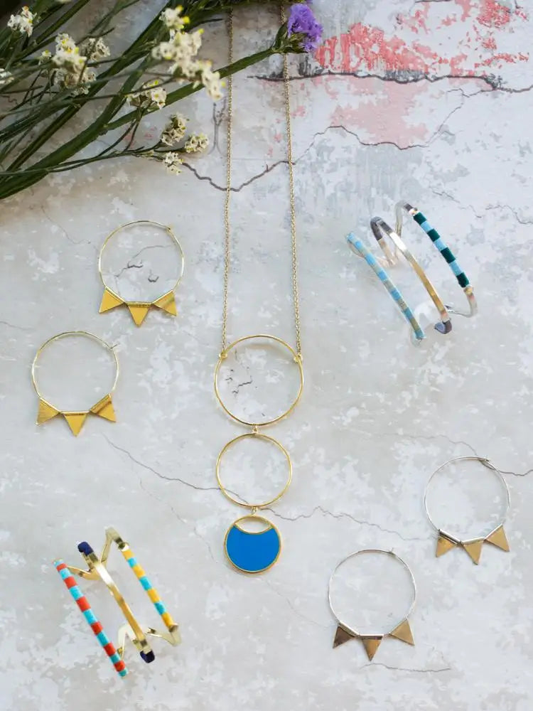Blue and Gold Circle Drop Necklace by Mata Traders
