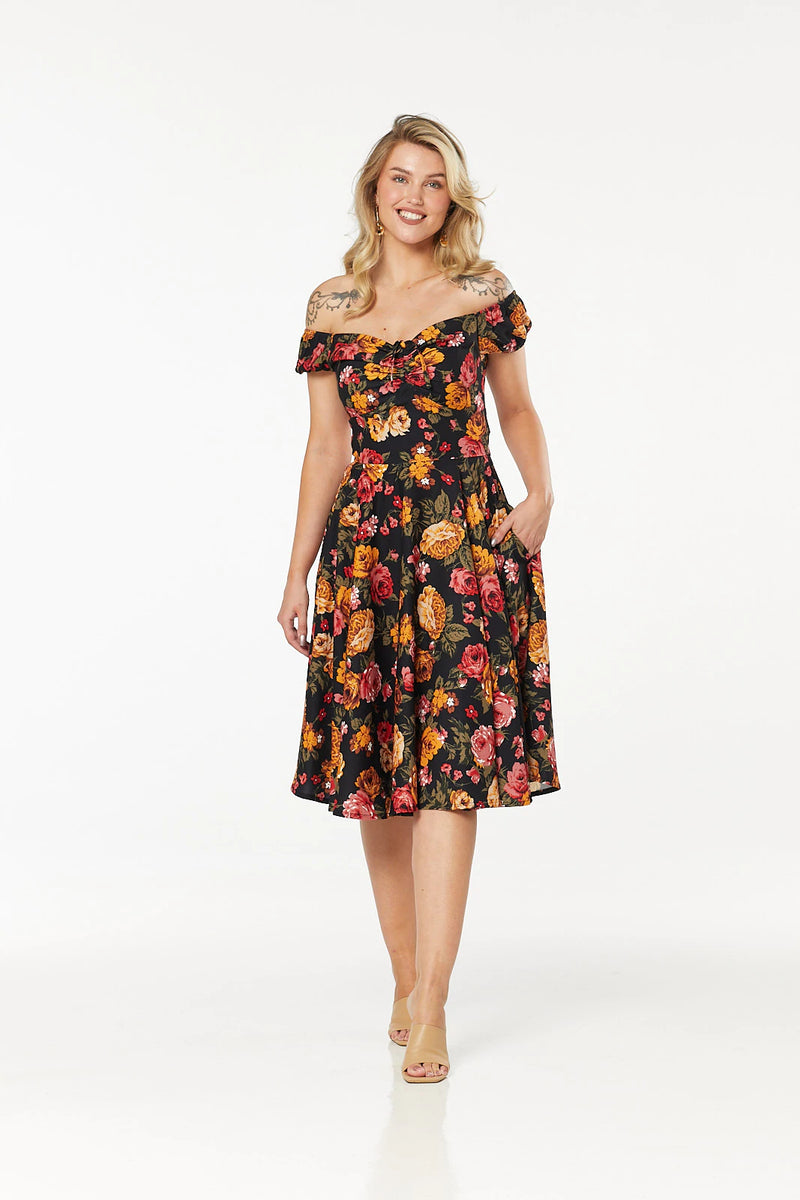 Black and Gold Floral Moni Dress by Timeless London