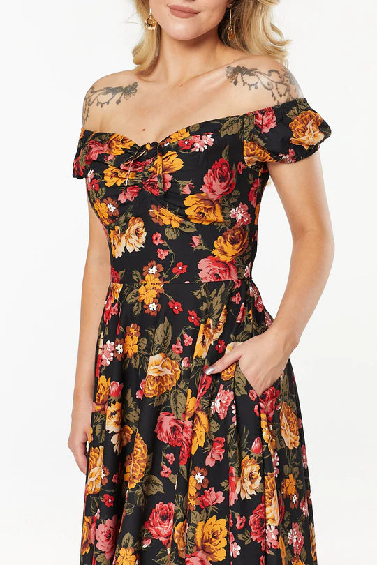 Black and Gold Floral Moni Dress by Timeless London
