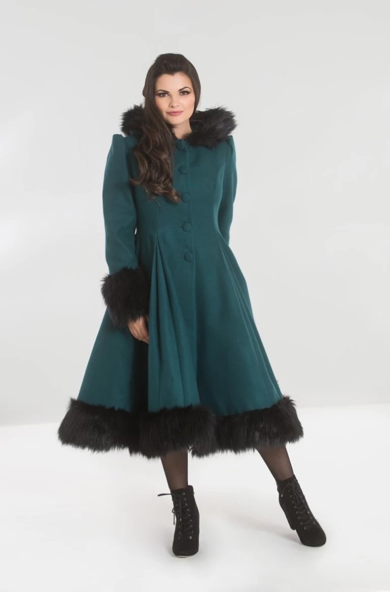 Elvira Hooded Coat in Dark Green by Hell Bunny