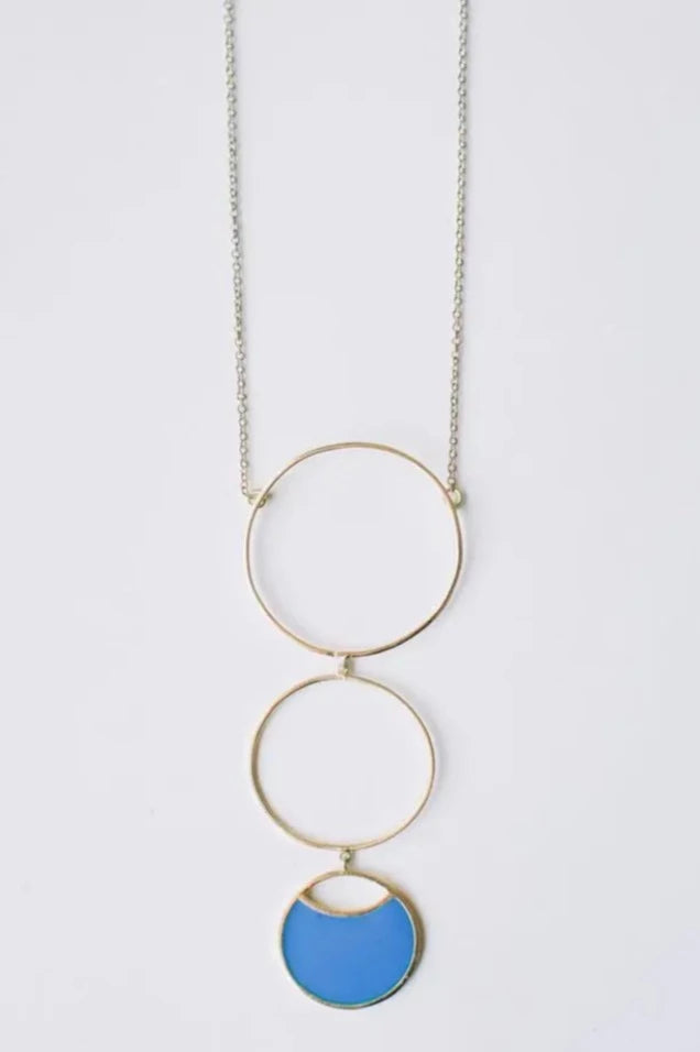 Blue and Gold Circle Drop Necklace by Mata Traders