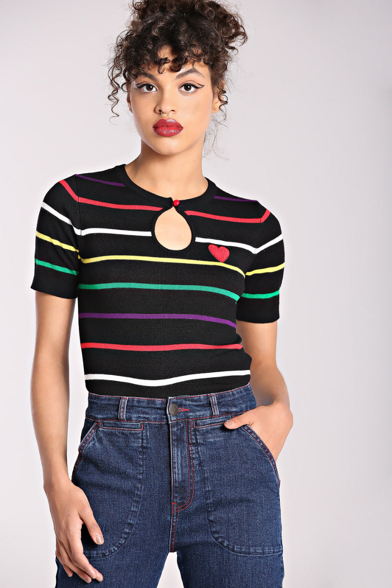 Striped and Heart Short Sleeve Sweater by Hell Bunny