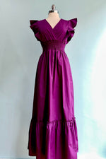 Purple Ruffle Sleeve Smocked Maxi Dress by Molly Bracken