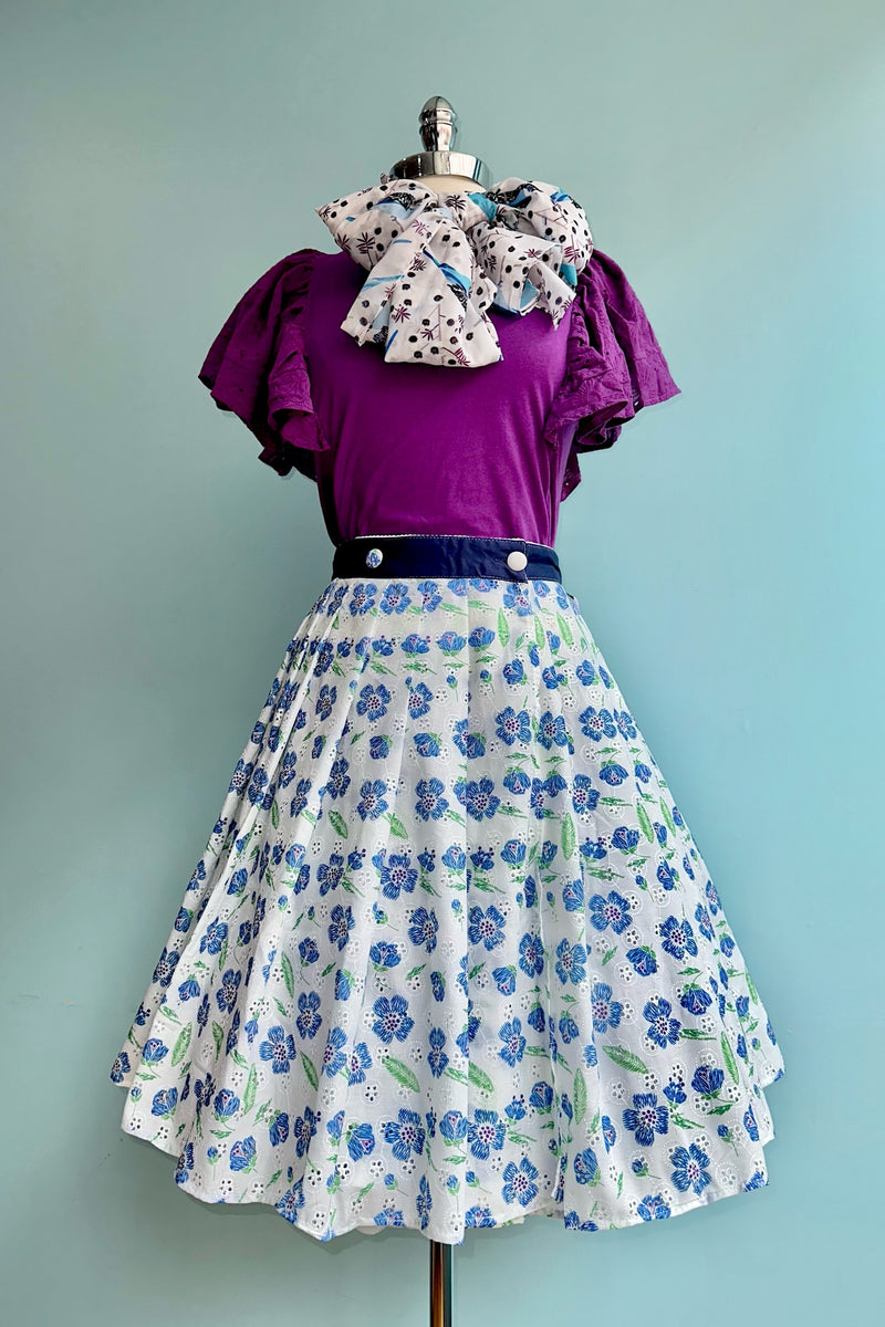 Blue Floral Eyelet Collins Wrap Skirt