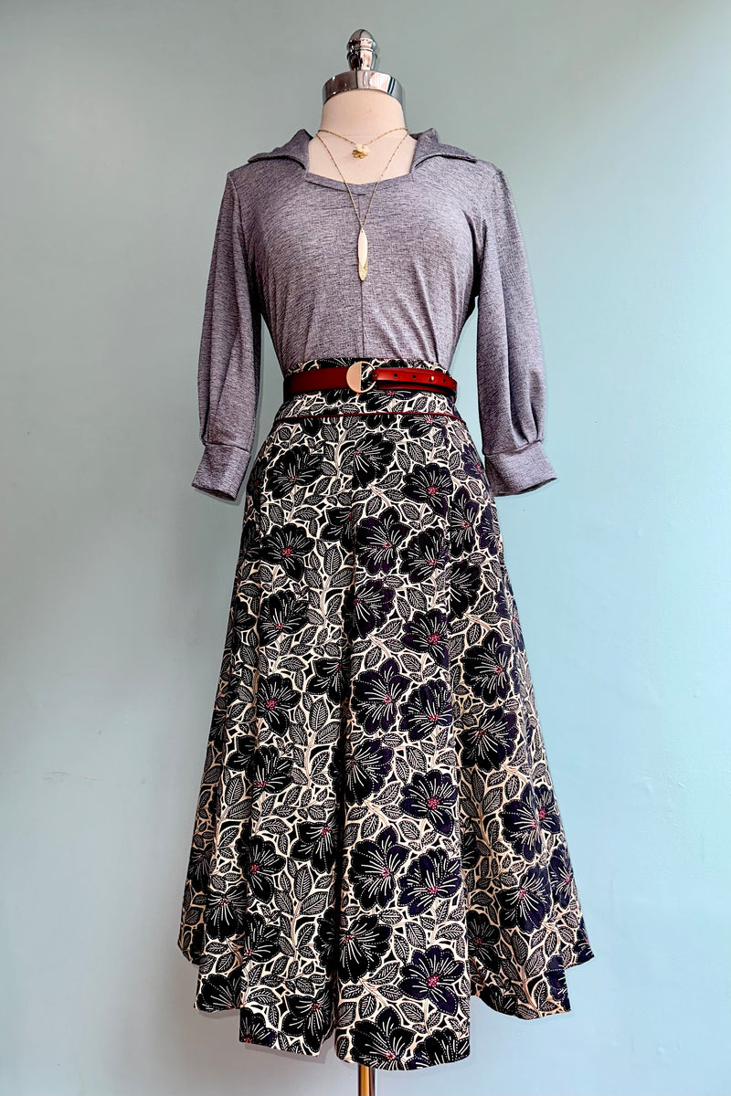Navy Floral Cotton Midi Skirt by Apsara