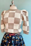 Tan and Cream Checker Puff Sleeve Sweater