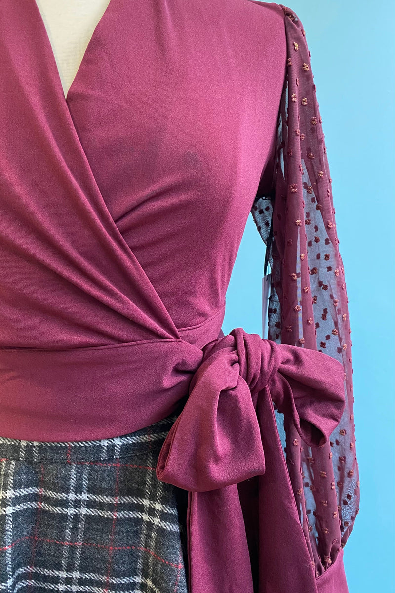 Final Sale Burgundy and Gold Pin Dot Wrap Top