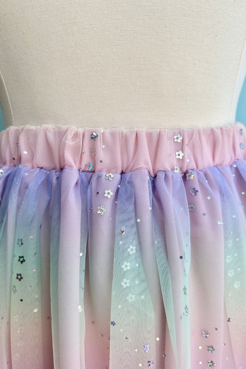 Rainbow Tulle and Flower Sequin Skirt