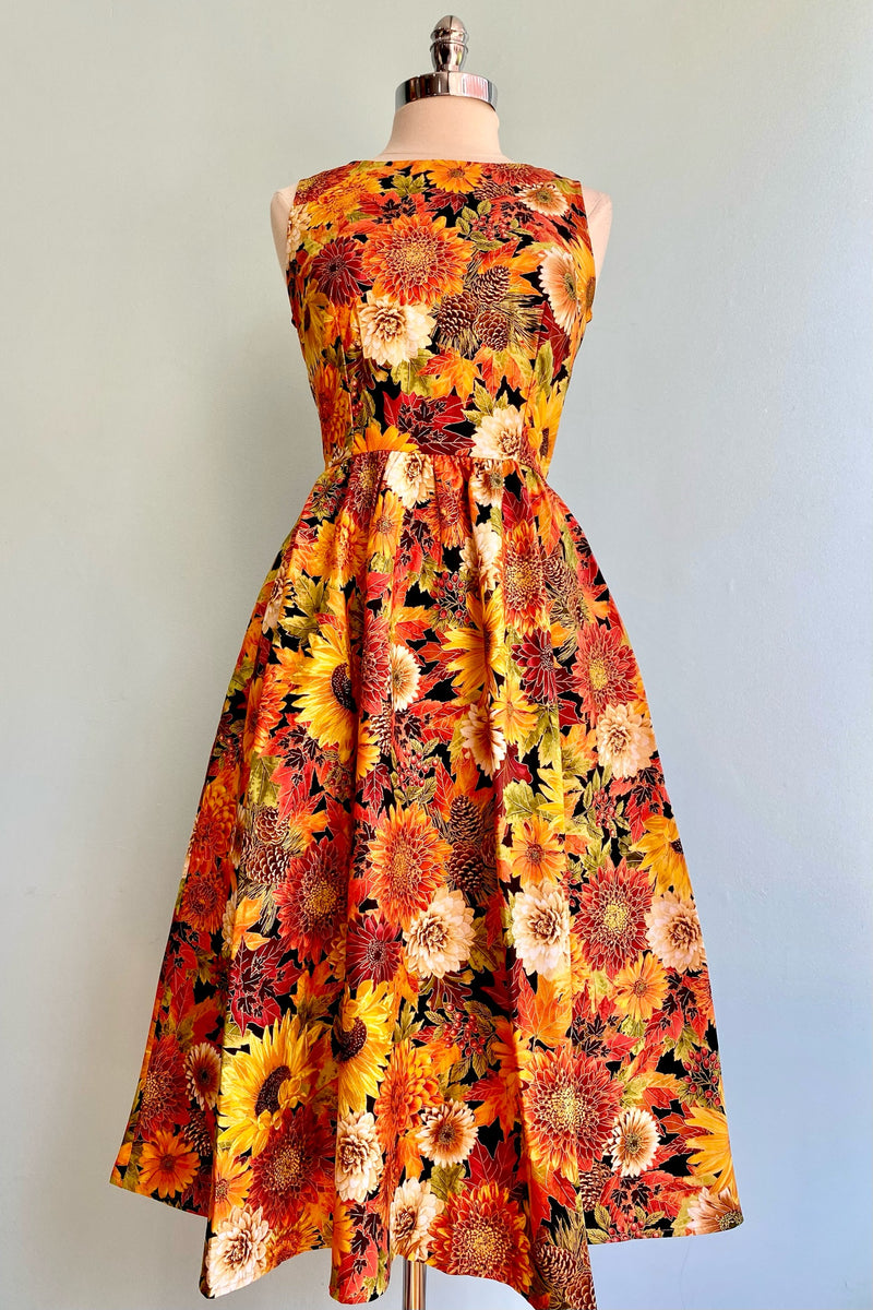 Autumn Foliage and Floral Midi Dress by Retrolicious
