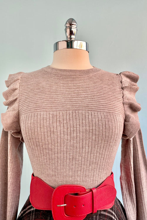 Heather Grey Shoulder Ruffle Crewneck Sweater