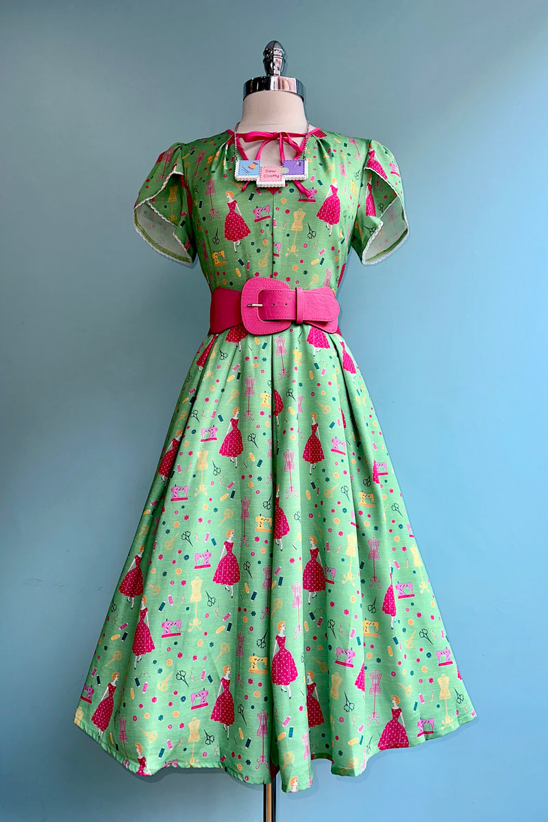 Green Sewing Notions Print Dress