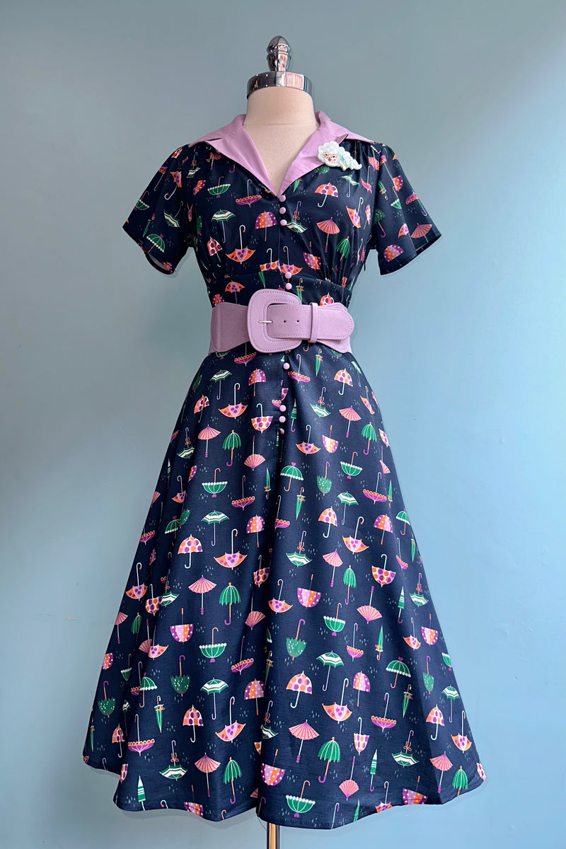 Navy Umbrella Print Short Sleeve Dress