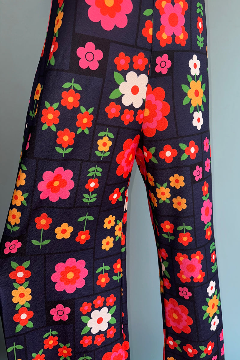Navy Mod Floral Back Bow Jumpsuit