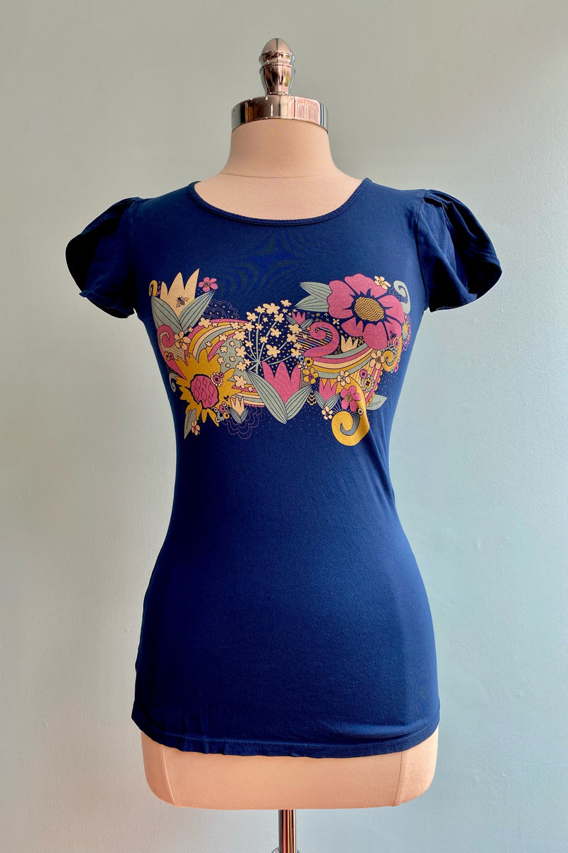 Navy Mod Floral Tulip T-Shirt Top by Blue Platypus