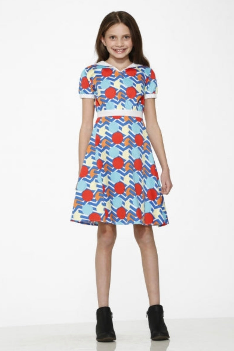 Blue & Red Striped Polka Dot Kids Dress by Orchid Bloom
