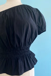 Black One-Shoulder Smocked Waist Top