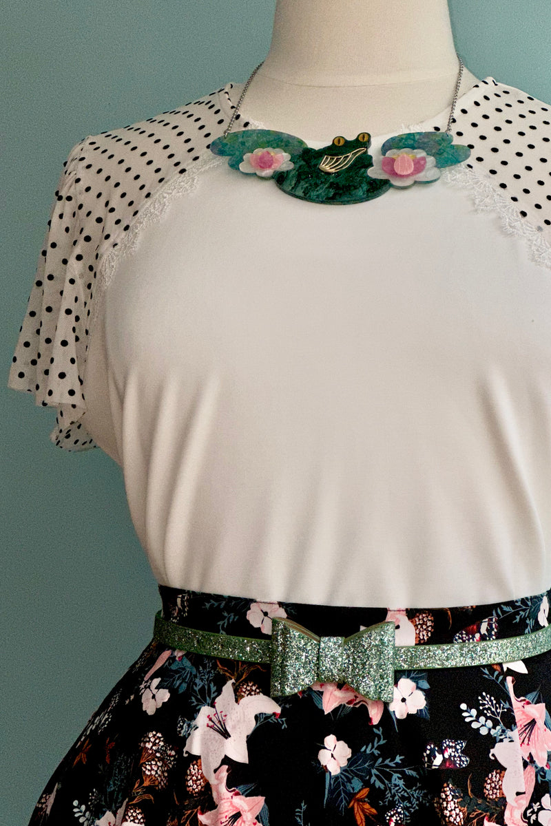 Final Sale White Top with Mesh Polka-Dot Flutter Sleeves
