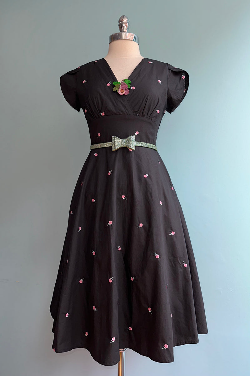 Rose Embroidered Black Dress by Voodoo Vixen Modern Millie