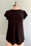 Super soft flutter sleeve top in black!  This top can be worn as a long tee, knotted, tucked in or layered under a dress.  So many possibilities in one tee!  This top has a shorter front than back. VERY stretchy!  95% Rayon, 5% spandex