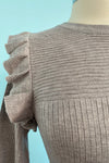 Heather Grey Shoulder Ruffle Crewneck Sweater