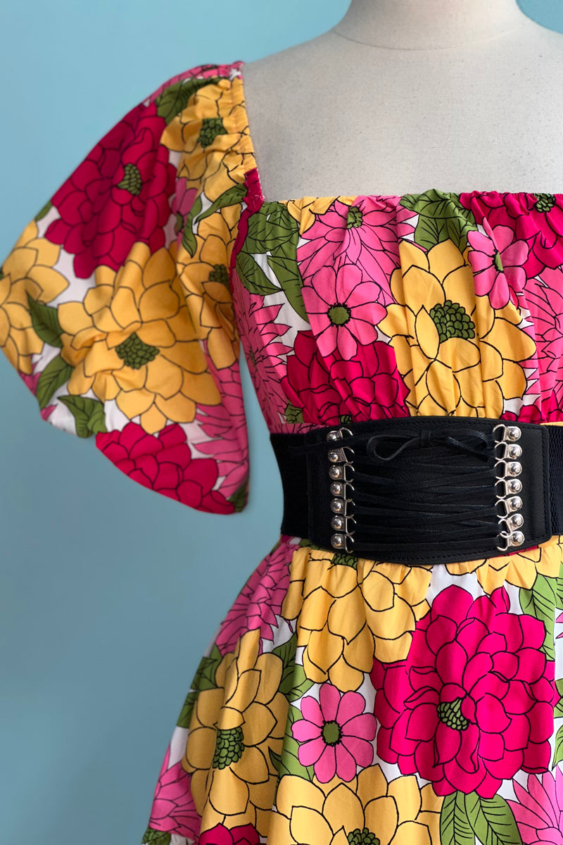 Dahlia Floral Puff Sleeve Midi Dress in Fuchsia
