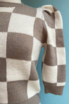 Tan and Cream Checker Puff Sleeve Sweater