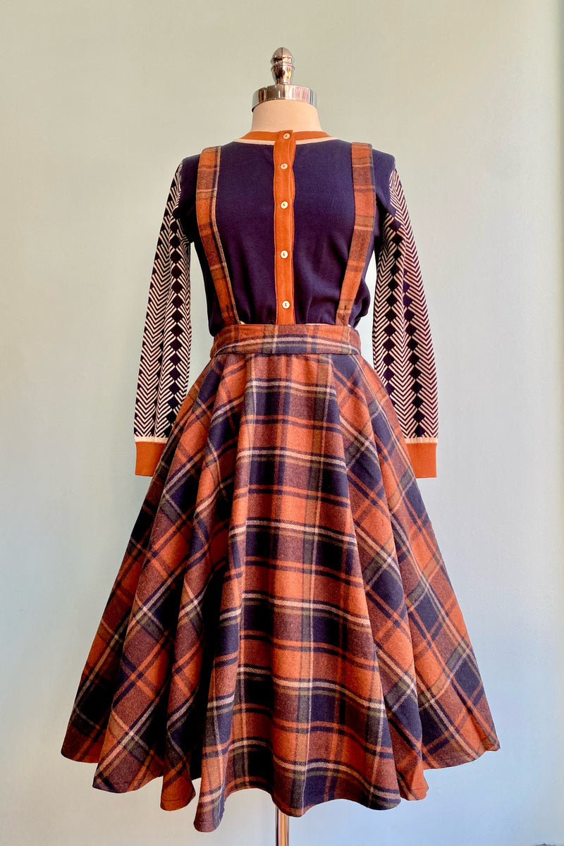 Plaid Navy and Rust Sophie Skirt with Suspenders by Timeless London