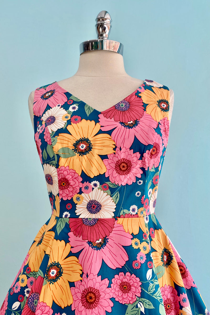 Teal Gerbera Floral V-Neck Dress by Eva Rose