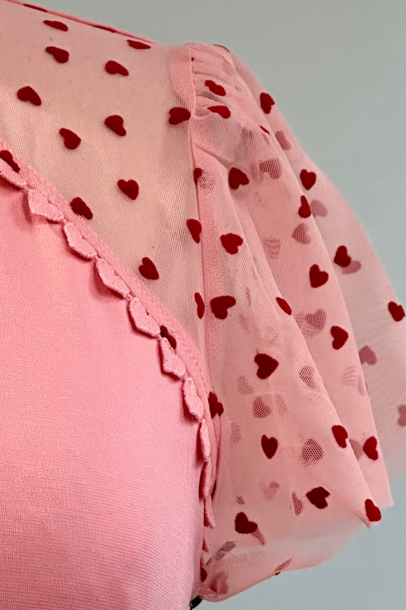 Pink Top with Red Heart Flutter Sleeves