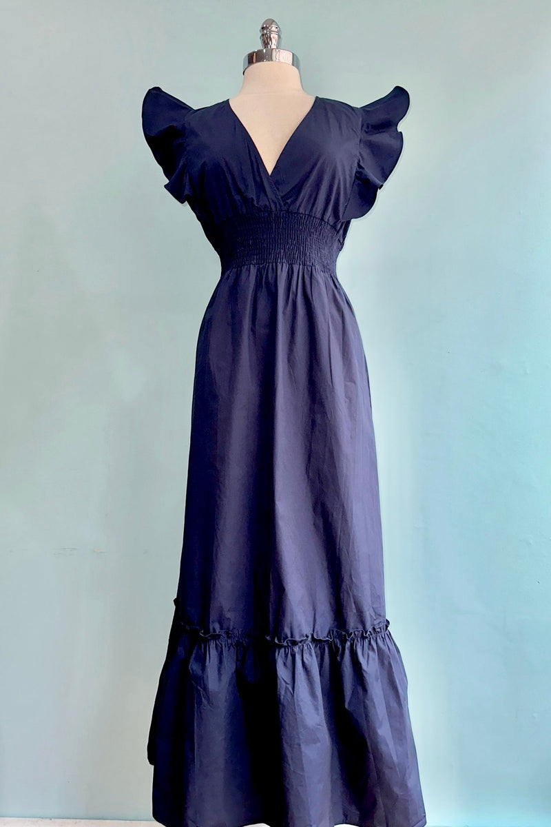 Navy Ruffle Sleeve Smocked Maxi Dress by Molly Bracken