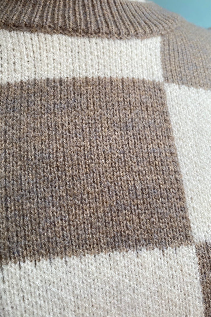 Tan and Cream Checker Puff Sleeve Sweater