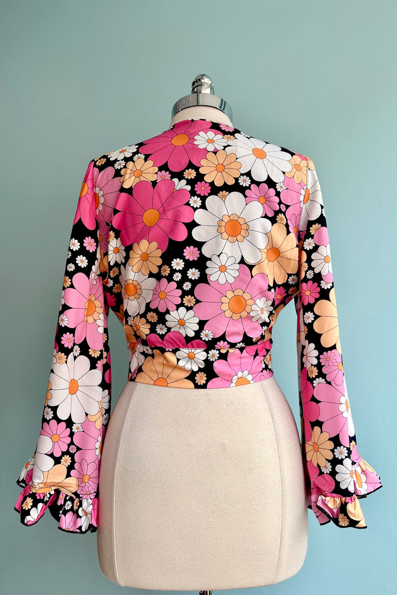 Mod Floral Bell Sleeve Cropped Tie-Waist Top