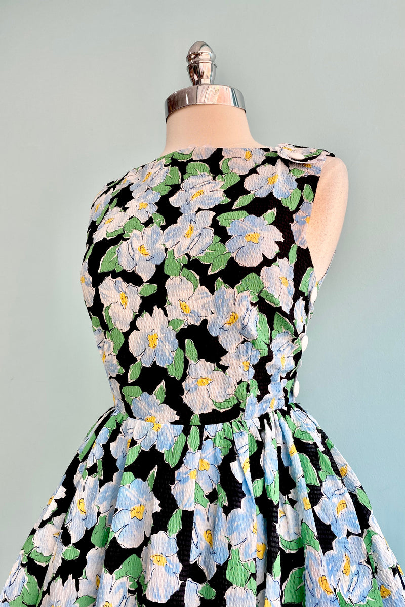Black and Blue Floral Seersucker Dress