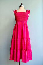 Hot Pink Empire Waist Tiered Midi Dress
