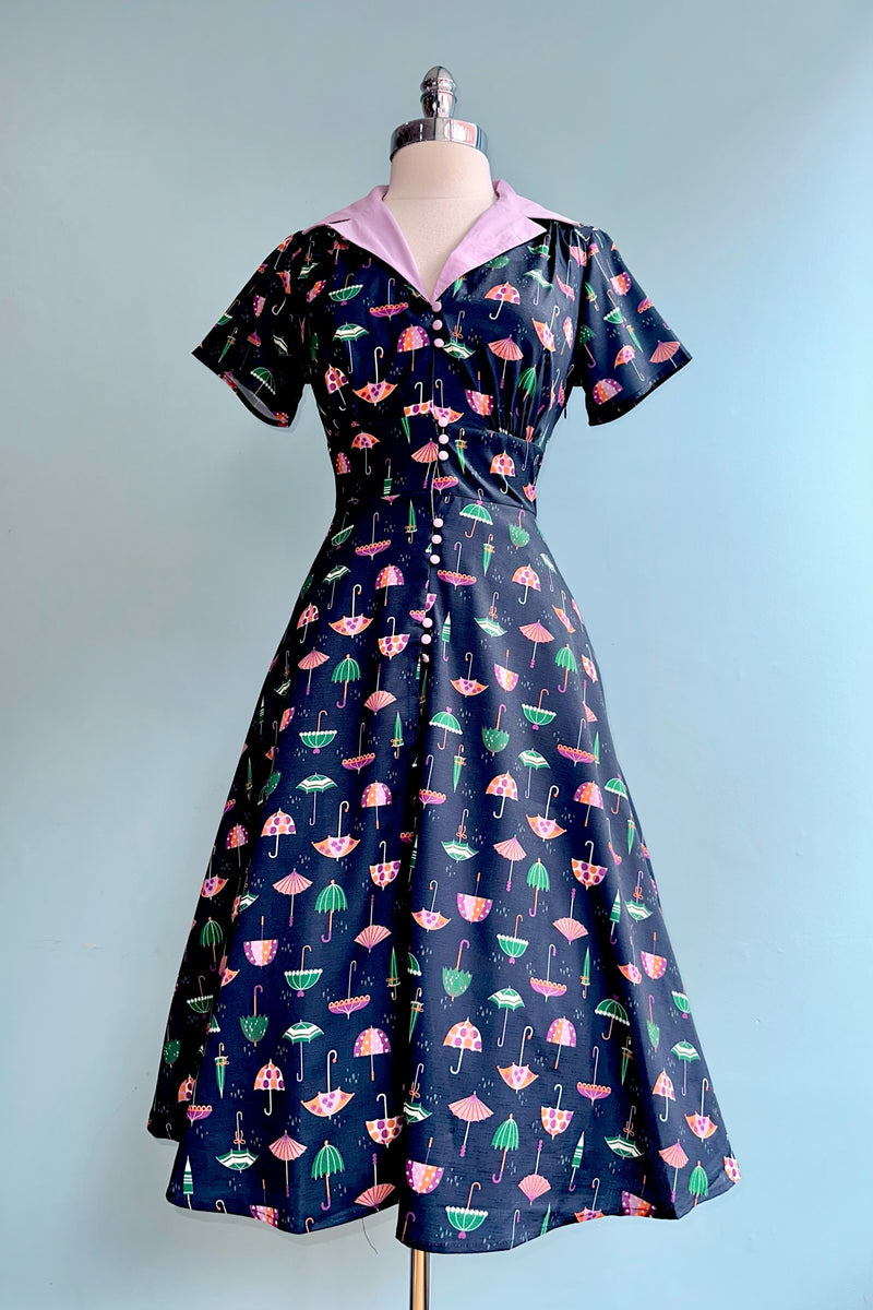 Navy Umbrella Print Short Sleeve Dress