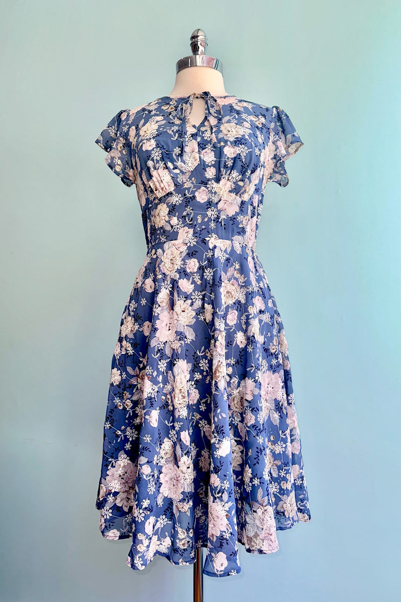 Floral Eyelet Chiffon Flutter Sleeve Dress by Voodoo Vixen