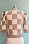 Tan and Cream Checker Puff Sleeve Sweater