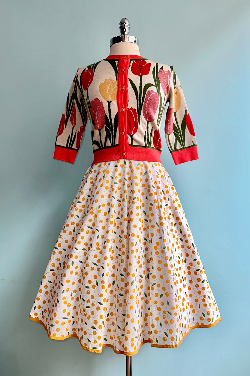 White and Yellow Cherry Print Full Skirt by Tulip B.