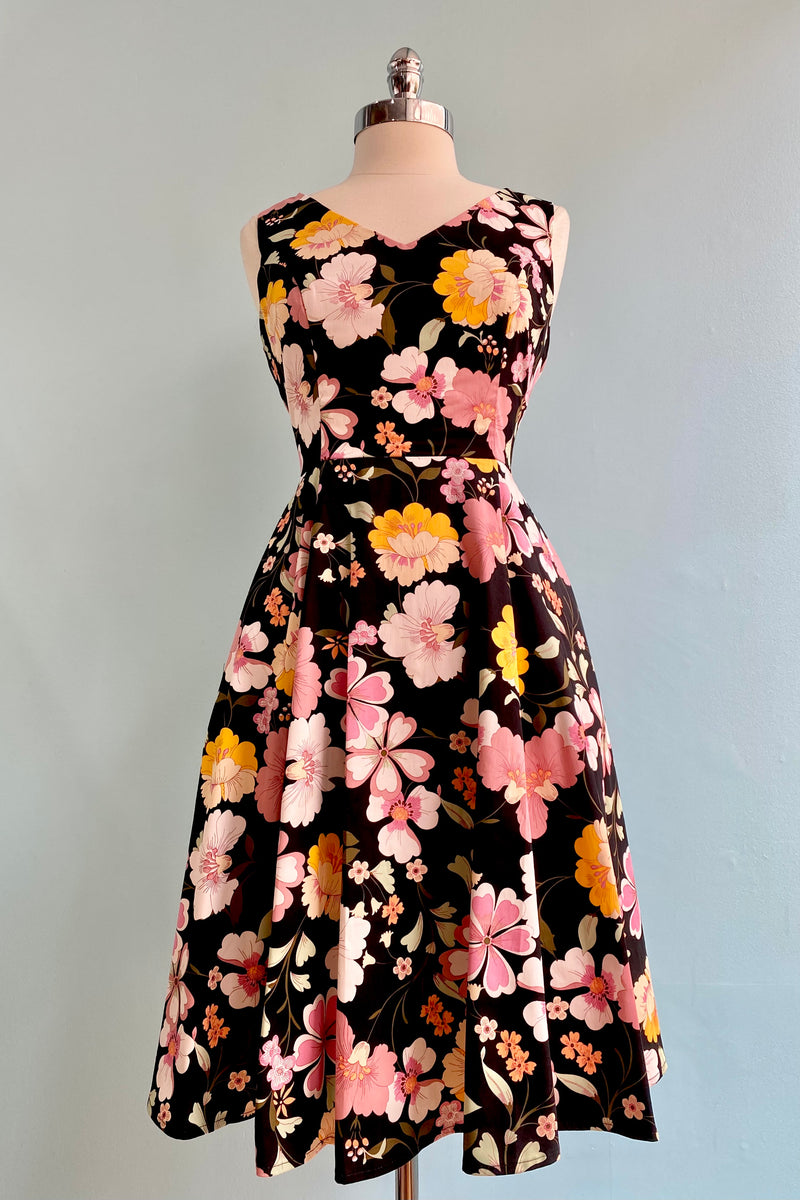 Gold and Pink Floral V-Neck Dress by Eva Rose