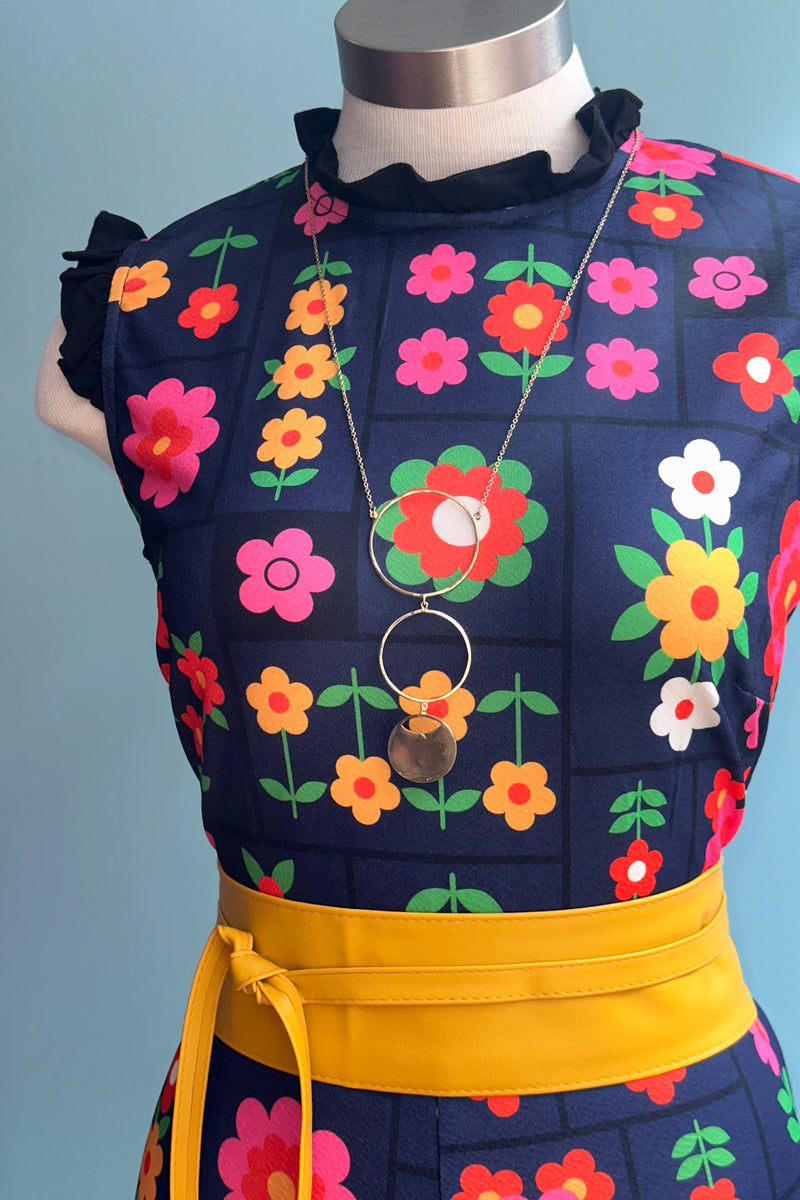 Navy Mod Floral Back Bow Jumpsuit