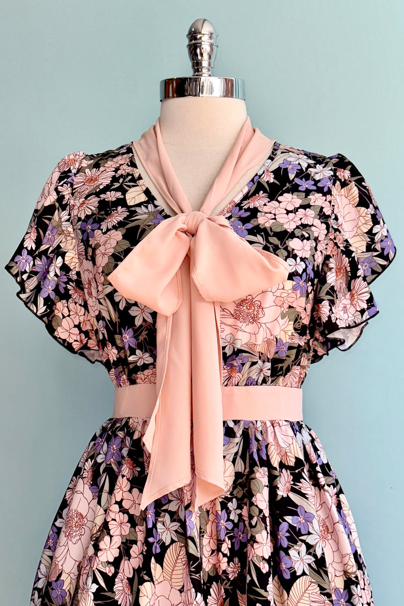 Black and Pink Floral Bow Neck Dress