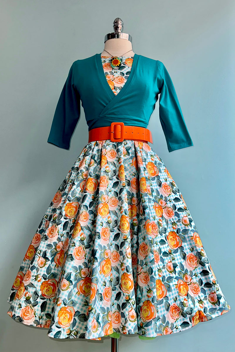 Blue and Orange Floral Gingham Dress by Orchid Bloom