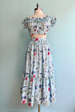 Blue Field Flowers Tiered Midi Skirt
