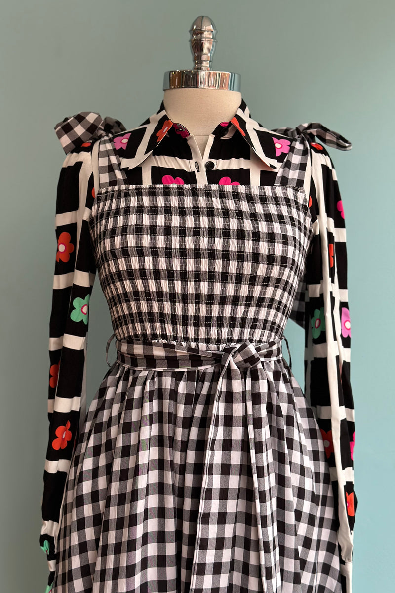 Black & White Gingham Smocked Midi Dress