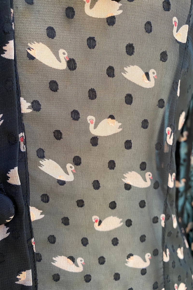 Swan and Swiss Dot Tie Neck Blouse in Black