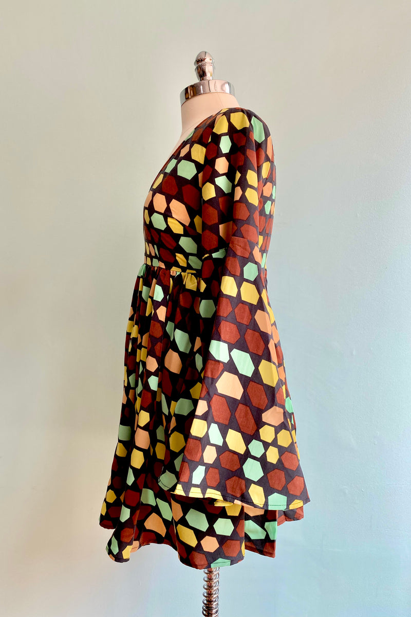 Final Sale Brown Geometric Print 60's Babydoll Dress