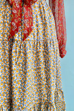 Yellow and Blue Floral Tiered Midi Skirt by Tulip B.